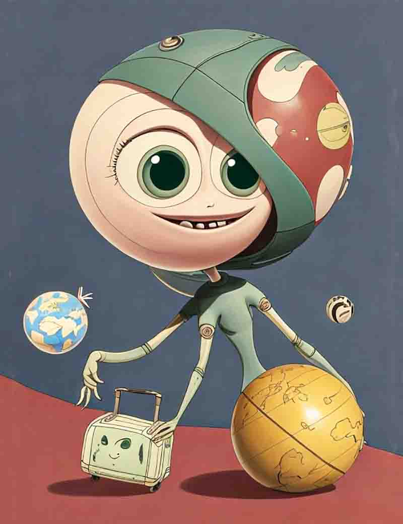 Alien cartoon Illustration Reisebueros Urlaubsreif mit Globus und Koffer