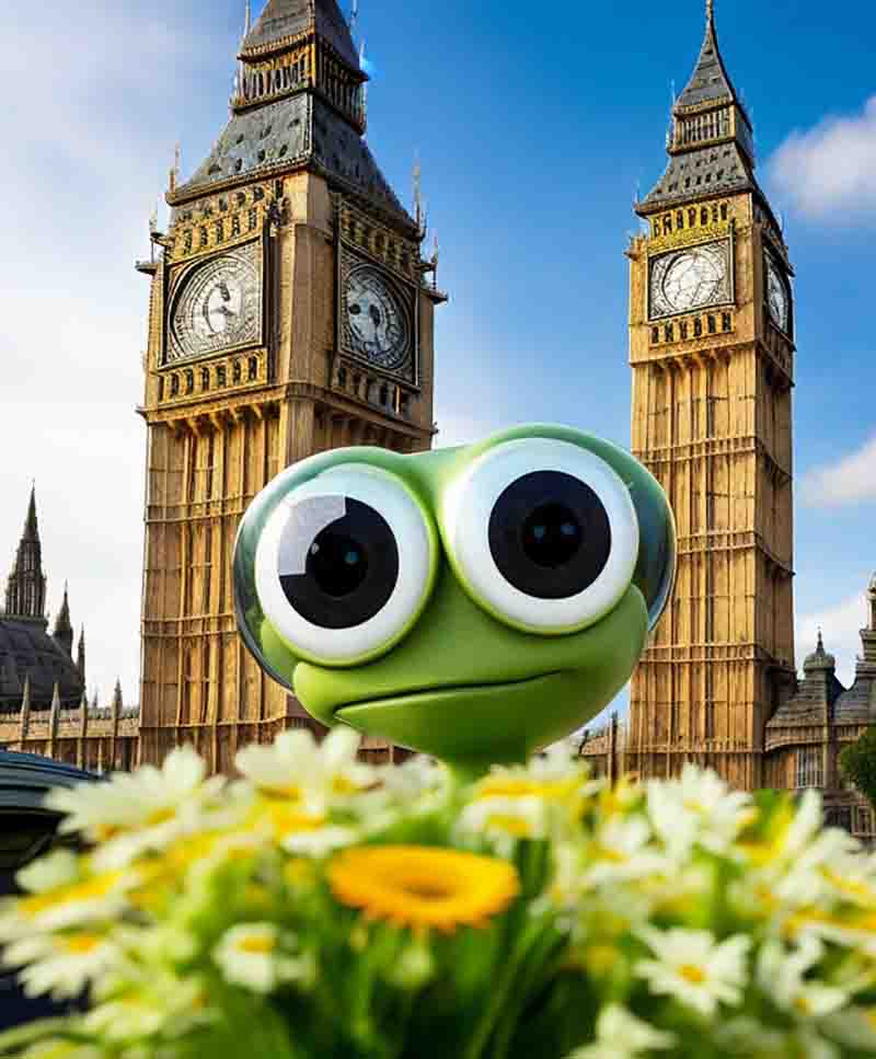 Ein cartoon Frosch inmitten einer Blumenwiese vor Big Ben in London