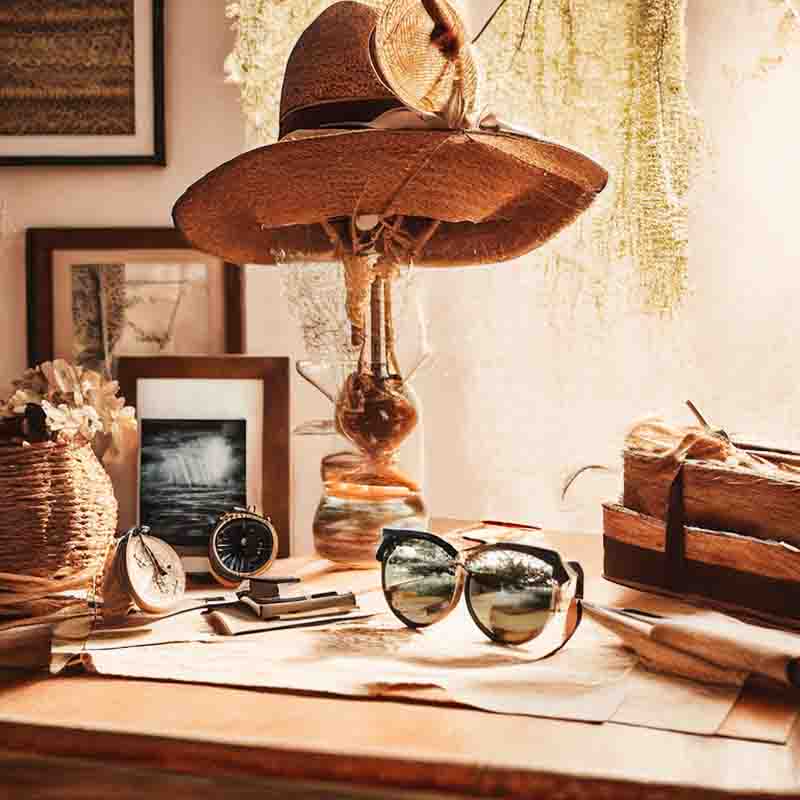 Holztische mit einem Globus, einem Kompass, einem Bleistift, Papier, einer Sonnenbrille und einem Strohhut, arrangiert in einem kunstvollen Stillleben