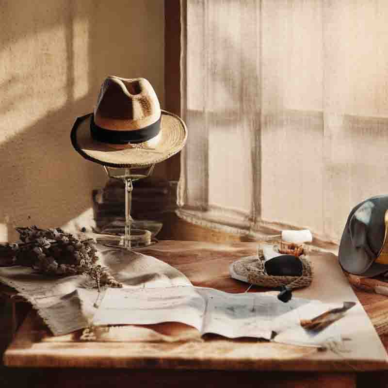 Holztische mit einem Globus, einem Kompass, einem Bleistift, Papier, einer Sonnenbrille und einem Strohhut, arrangiert in einem kunstvollen Stillleben